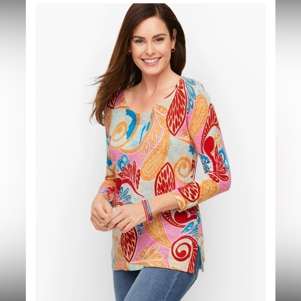 Talbots v-neck pull over 3/4 sleeve multicolor sweater in jungle paisley